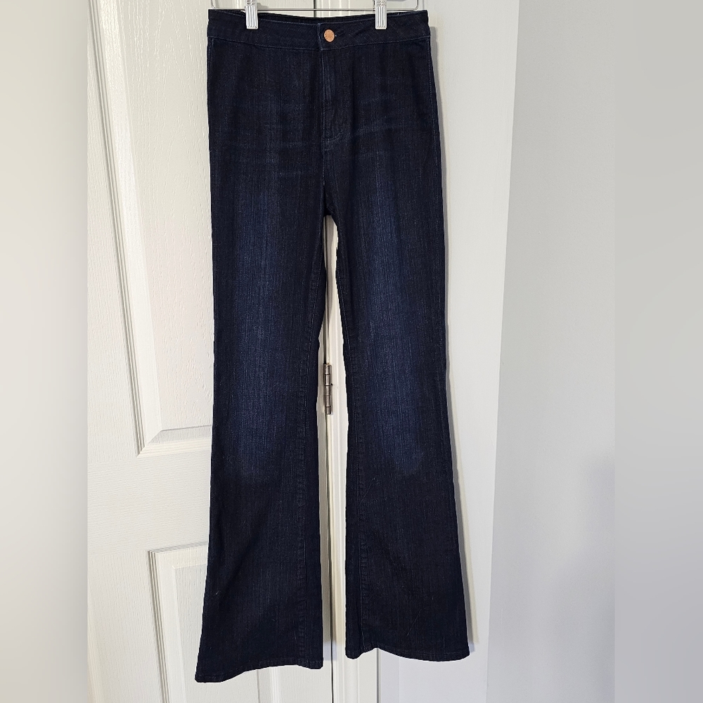 Dark wash wide leg denim trouser.